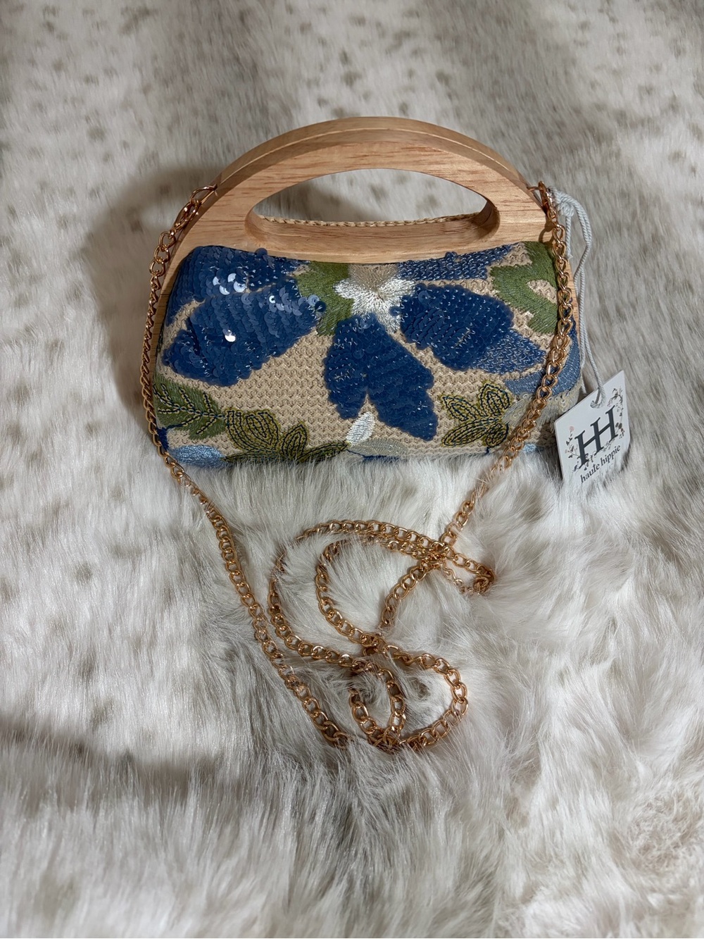 Handmade Floral Sequin Clutch with Wooden Handle - Blue